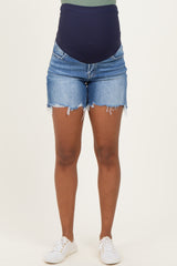 Blue Distressed Frayed Hem Maternity Denim Shorts