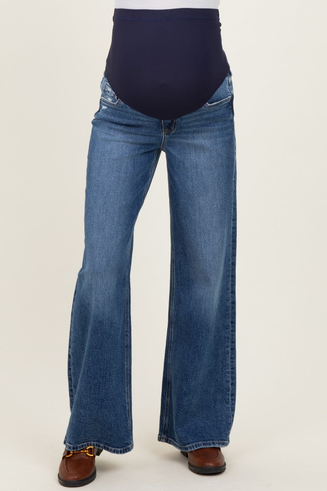 Navy Vintage Wash Wide Leg Maternity Jeans