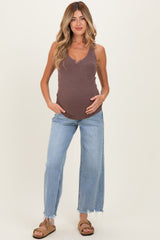 Light Blue Fringe Hem Ankle Wide Leg Maternity Jeans