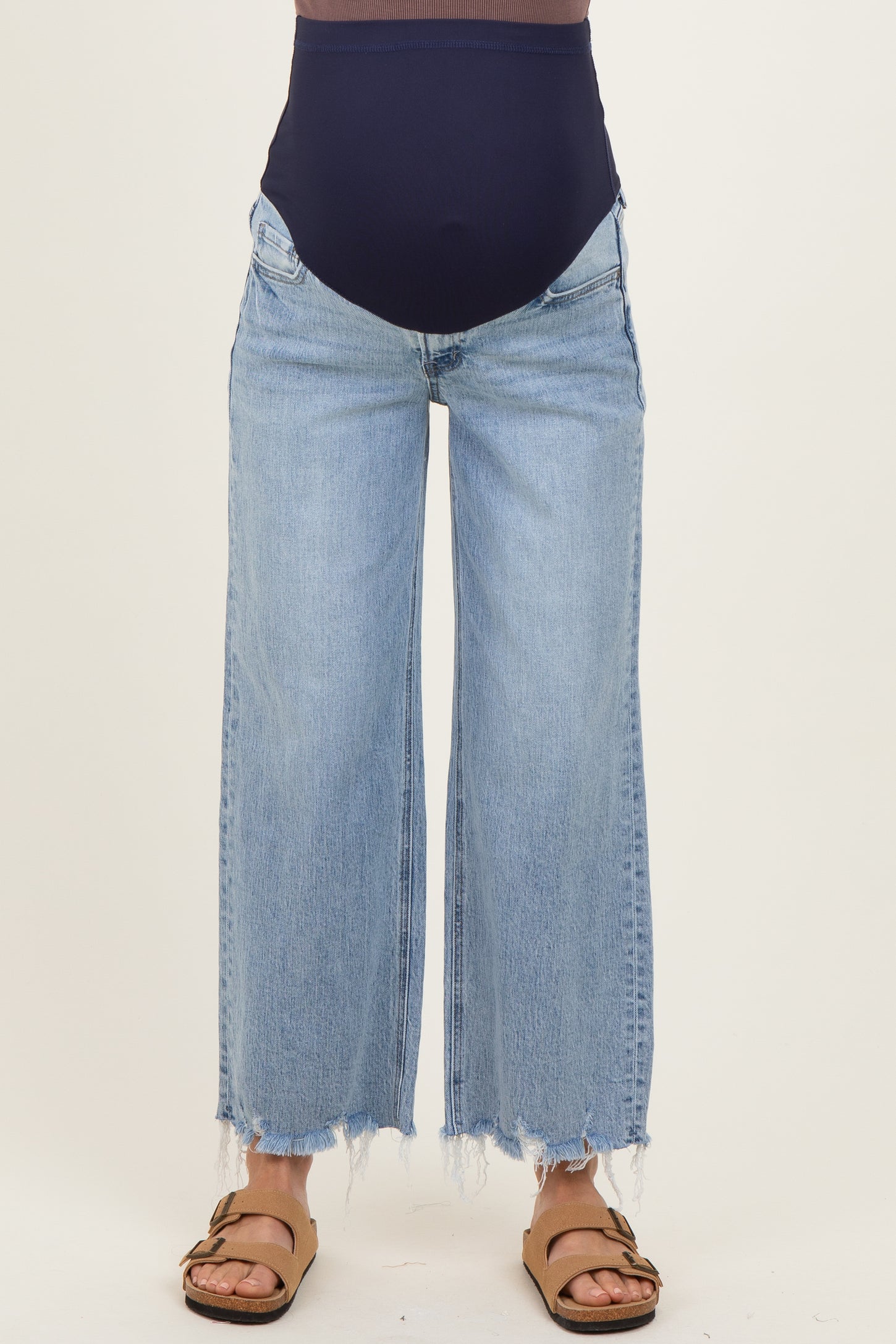 Light Blue Fringe Hem Ankle Wide Leg Maternity Jeans