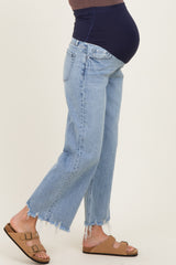 Light Blue Fringe Hem Ankle Wide Leg Maternity Jeans