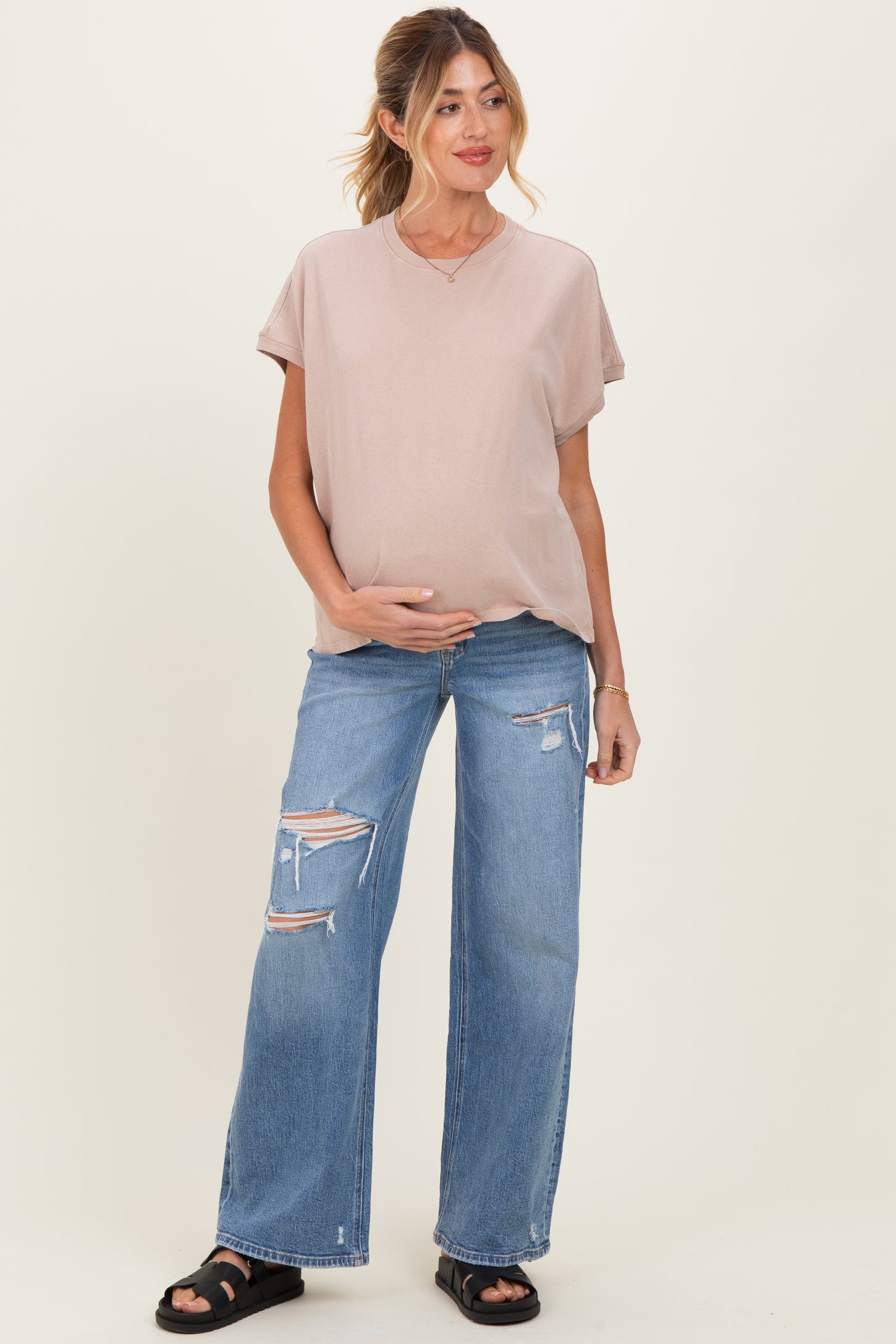 Blue Distressed Open Knee Maternity Wide Leg Jeans