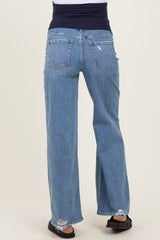 Blue Distressed Open Knee Maternity Wide Leg Jeans