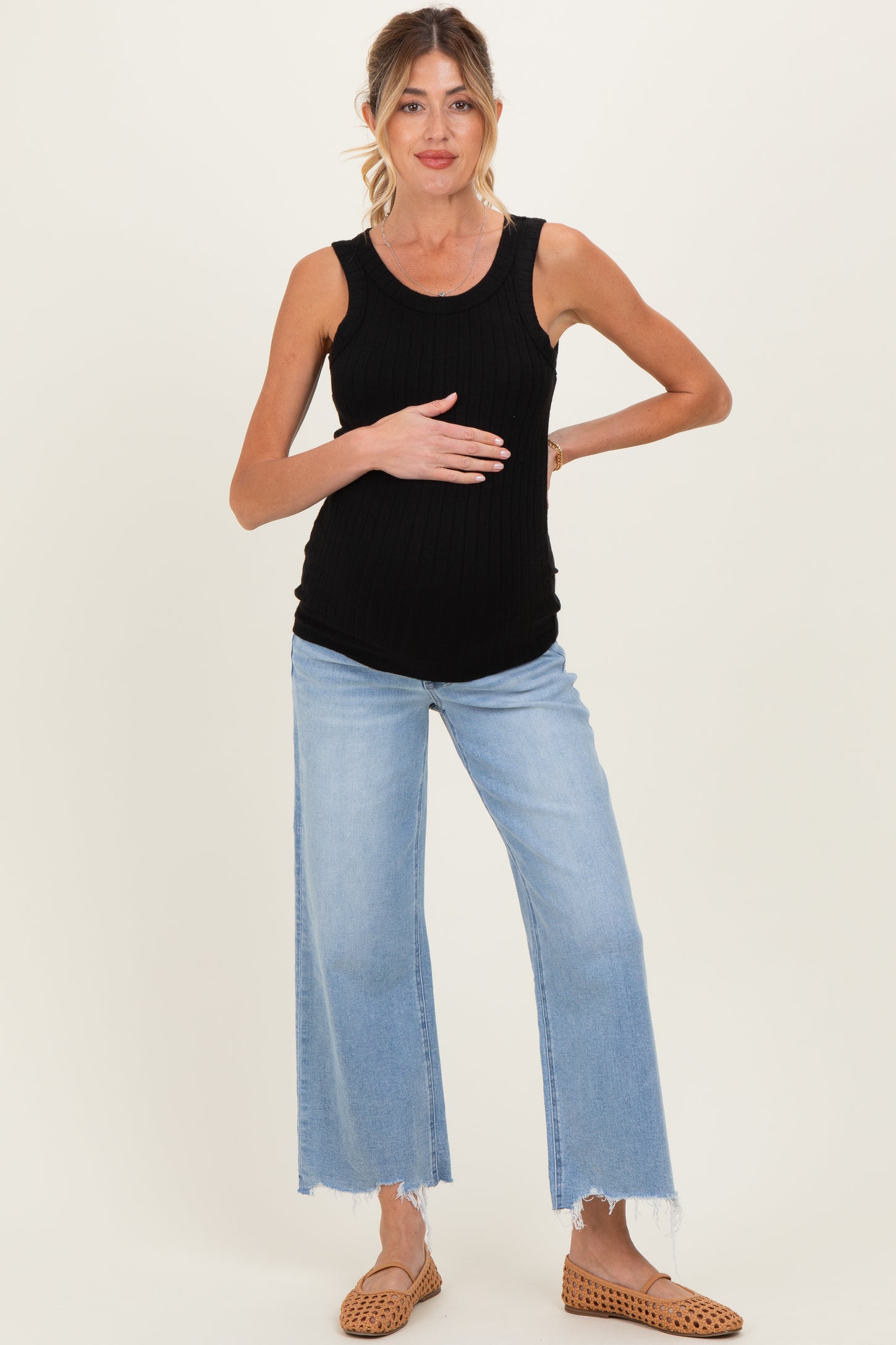 Light Blue Frayed Hem Crop Wide Leg Maternity Jeans