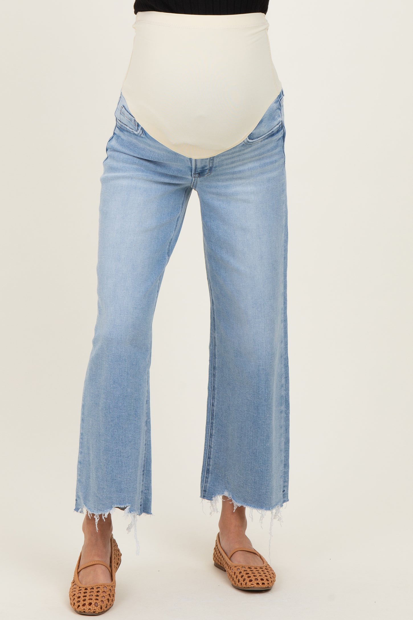 Light Blue Frayed Hem Crop Wide Leg Maternity Jeans
