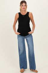 Blue Distressed Hem Wide Flare Maternity Jeans