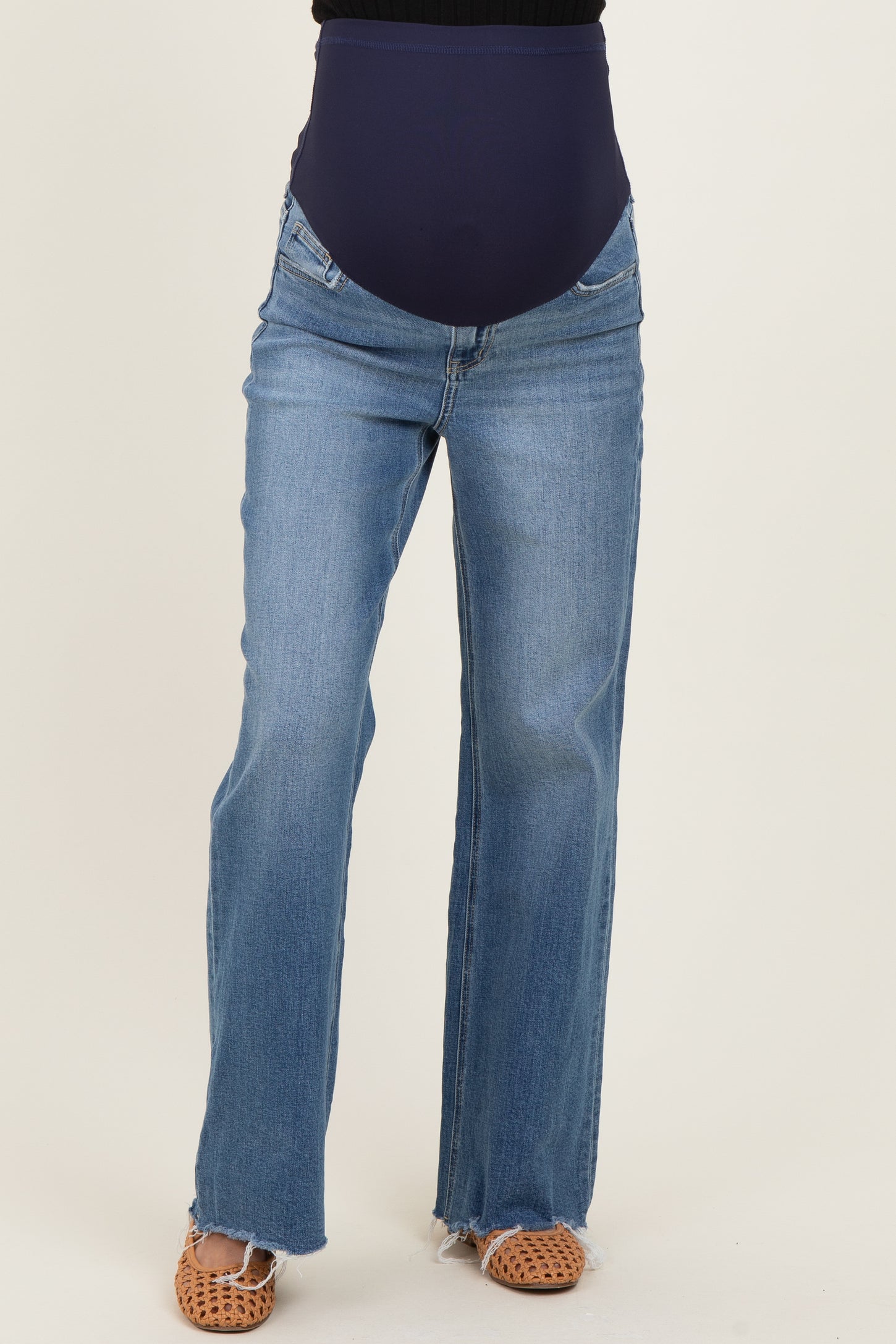Blue Distressed Hem Wide Flare Maternity Jeans