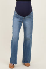 Blue Distressed Hem Wide Flare Maternity Jeans