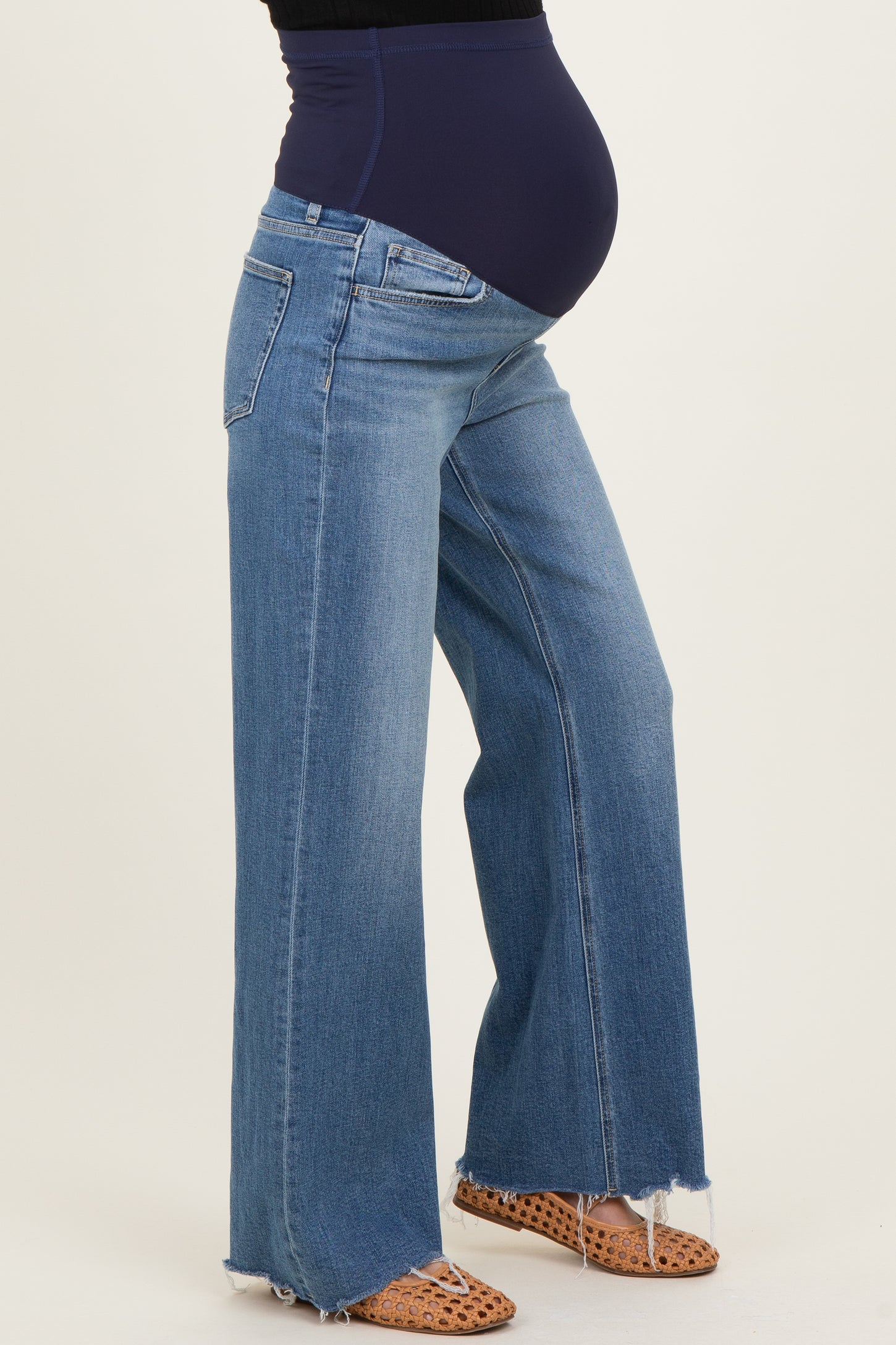 Blue Distressed Hem Wide Flare Maternity Jeans
