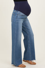 Blue Distressed Hem Wide Flare Maternity Jeans