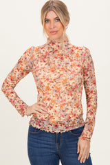 Taupe Floral Mesh Mock Neck Long Sleeve Maternity Top