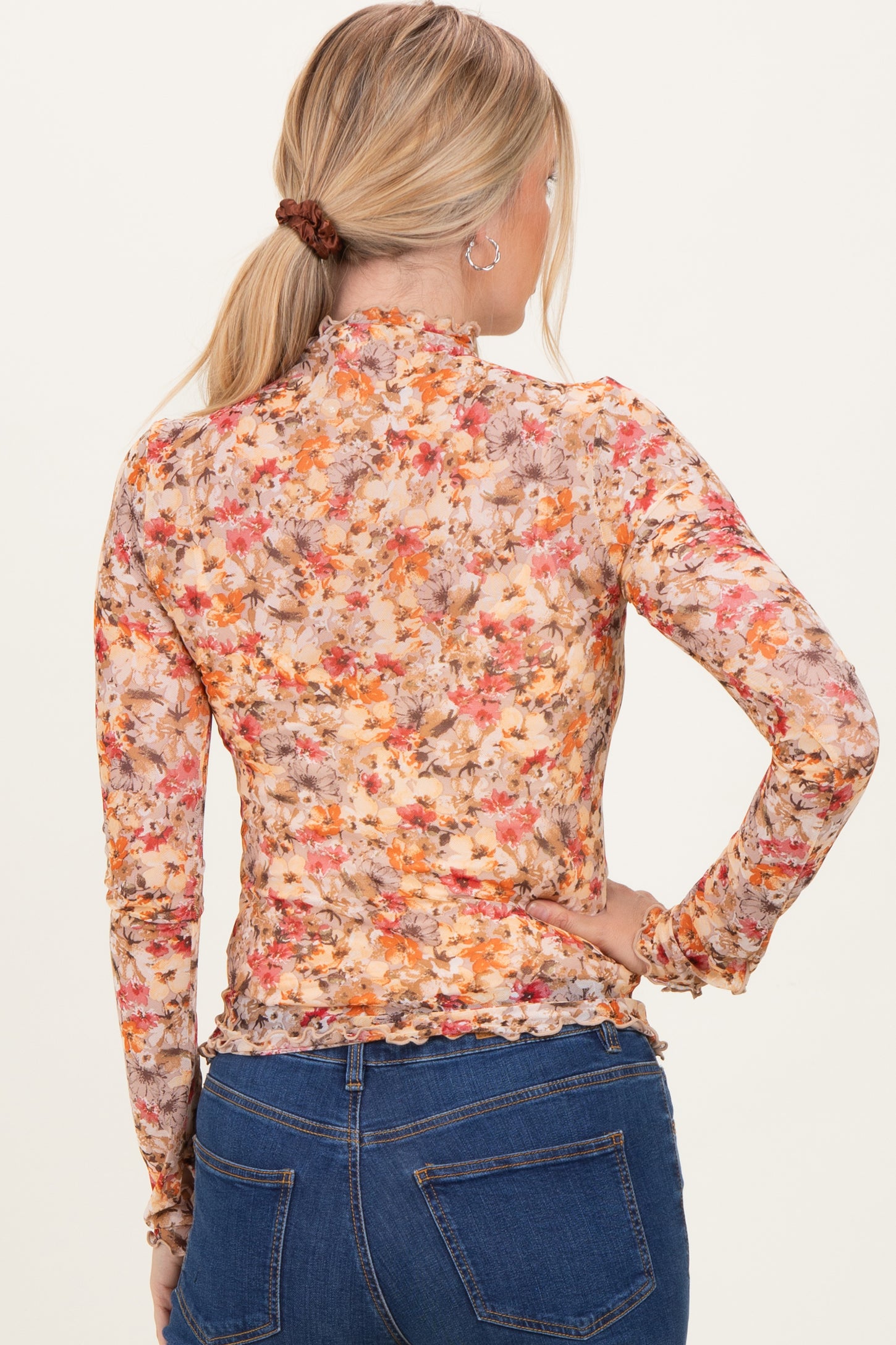 Taupe Floral Mesh Mock Neck Long Sleeve Top