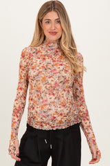 Taupe Floral Mesh Mock Neck Long Sleeve Maternity Top