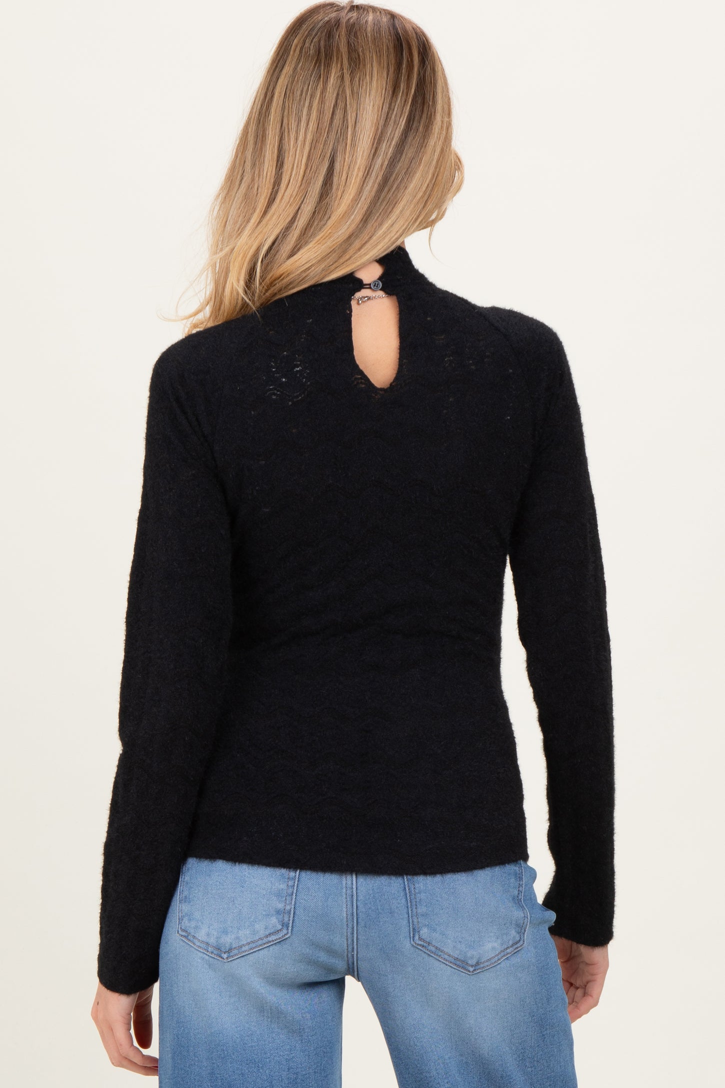 Black Mock Neck Long Sleeve Brushed Lace Maternity Top