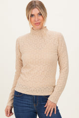 Beige Mock Neck Long Sleeve Brushed Lace Top
