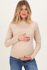 Beige Mock Neck Long Sleeve Brushed Lace Maternity Top