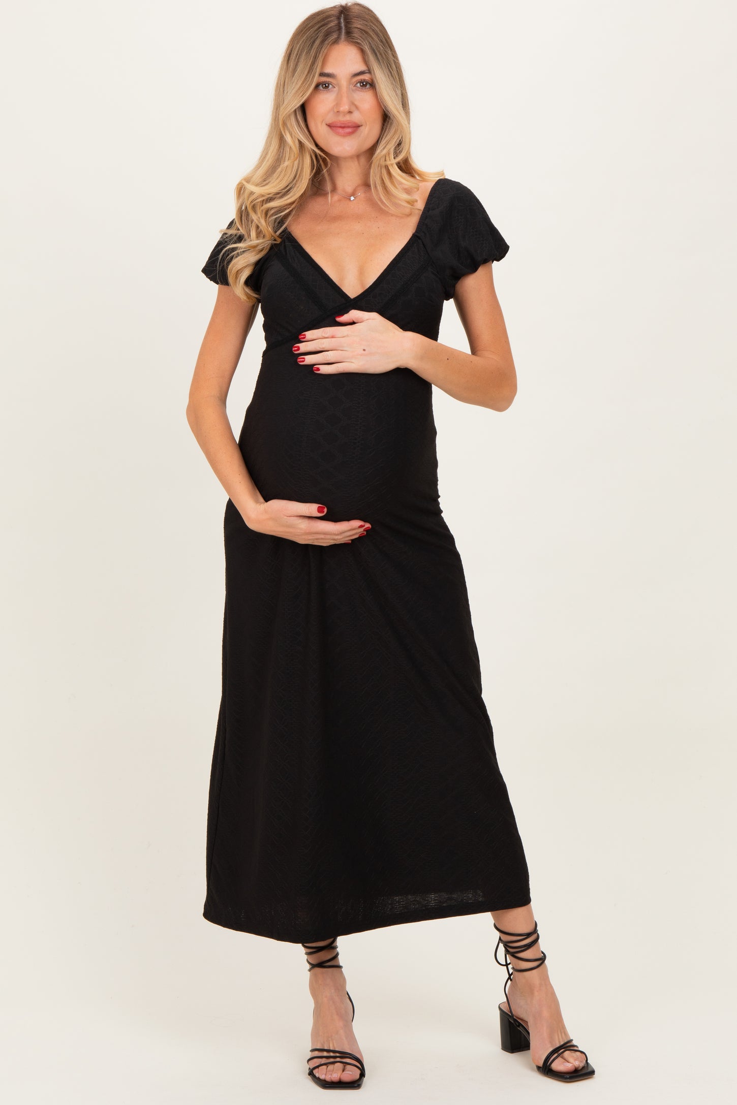 Black Texture Knit Maternity Midi Dress