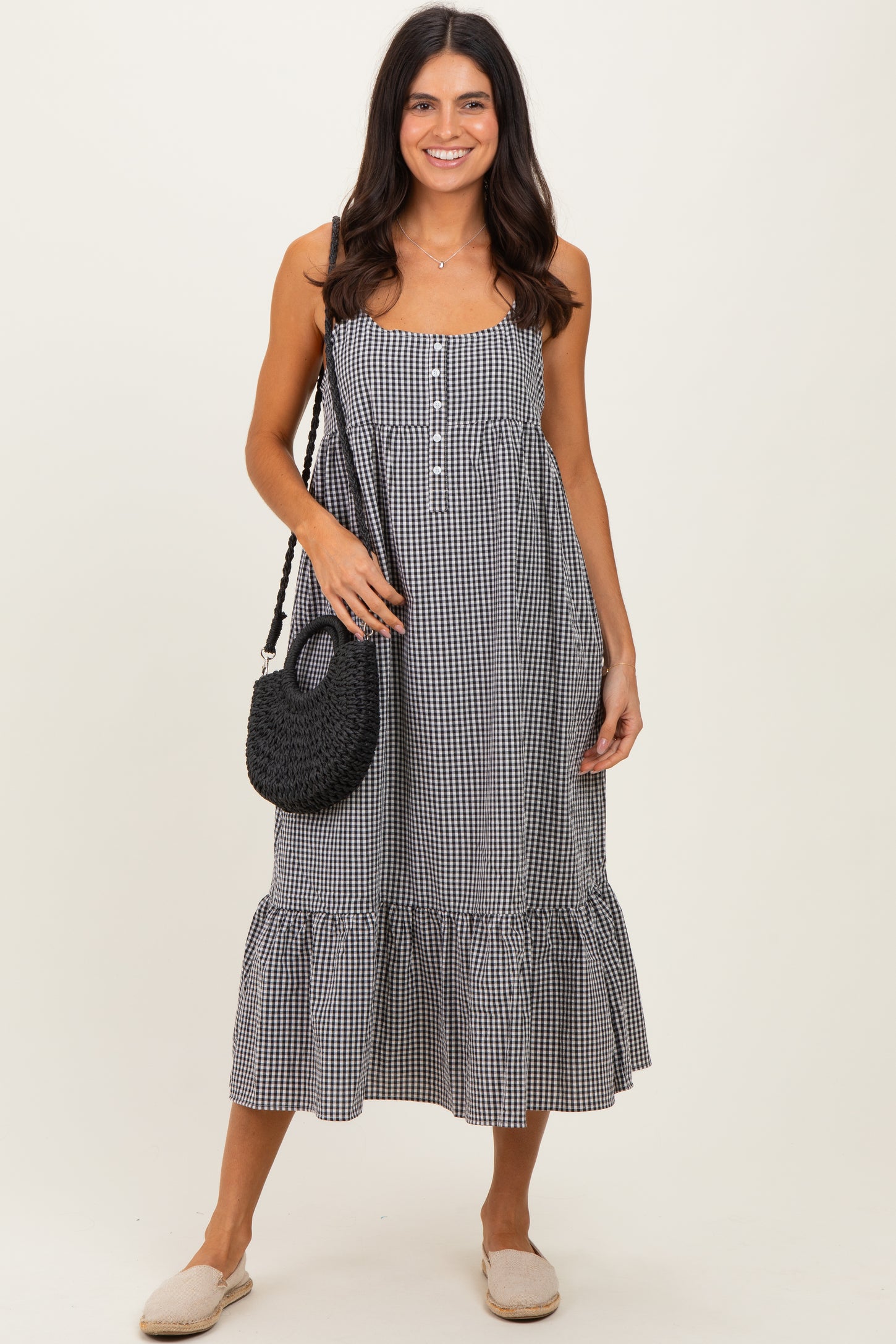 Black Gingham Sleeveless Midi Dress