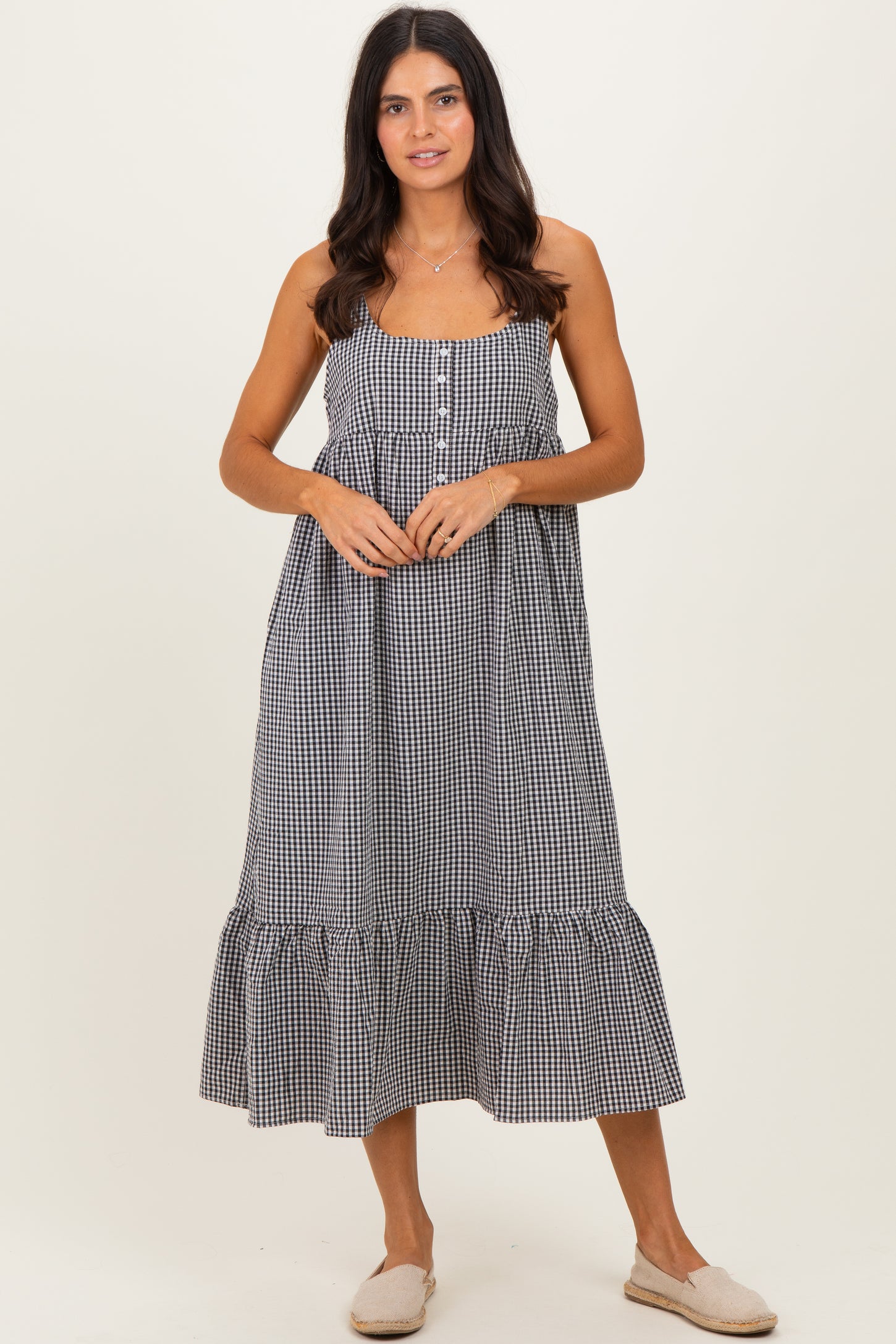 Black Gingham Sleeveless Midi Dress
