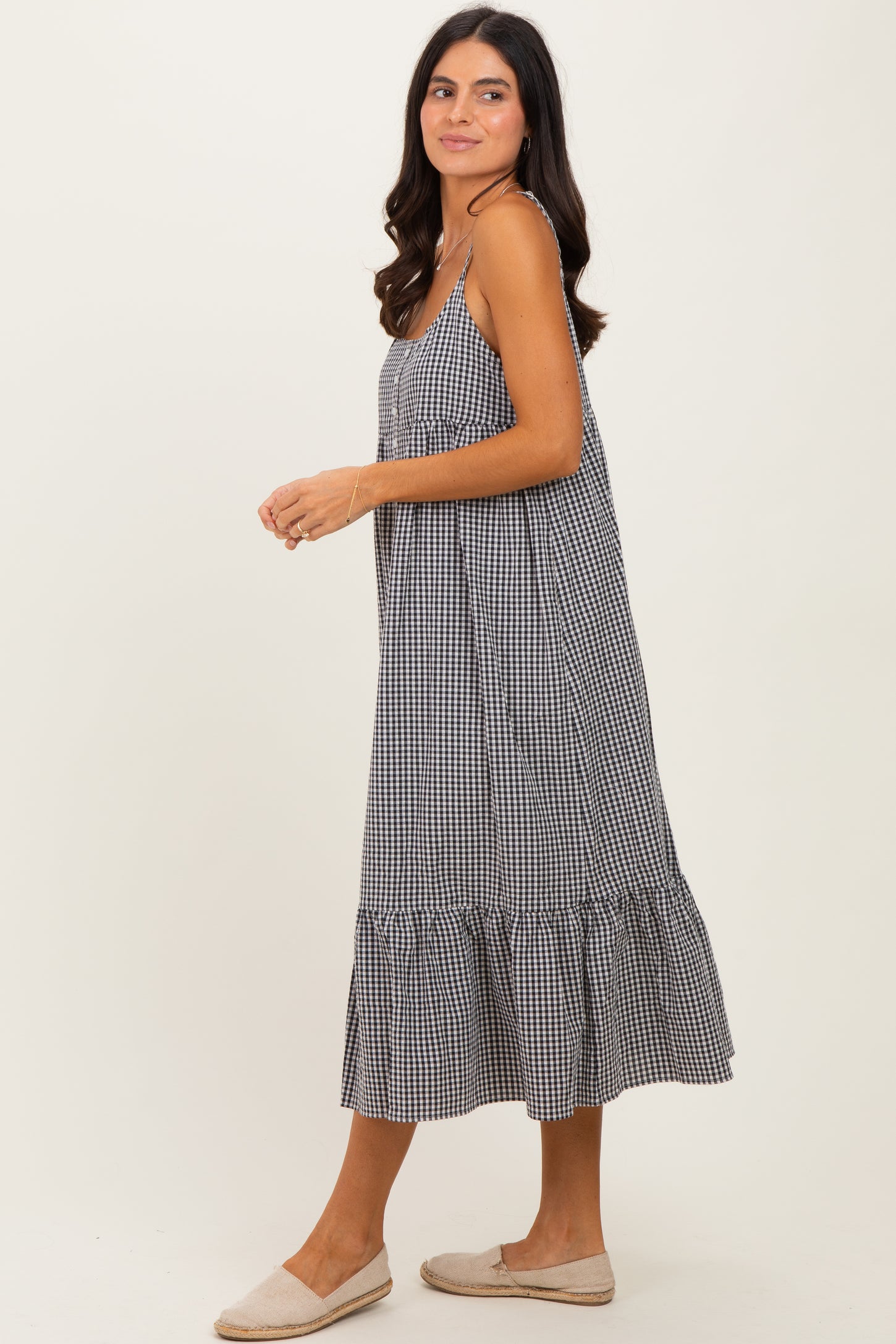 Black Gingham Sleeveless Midi Dress