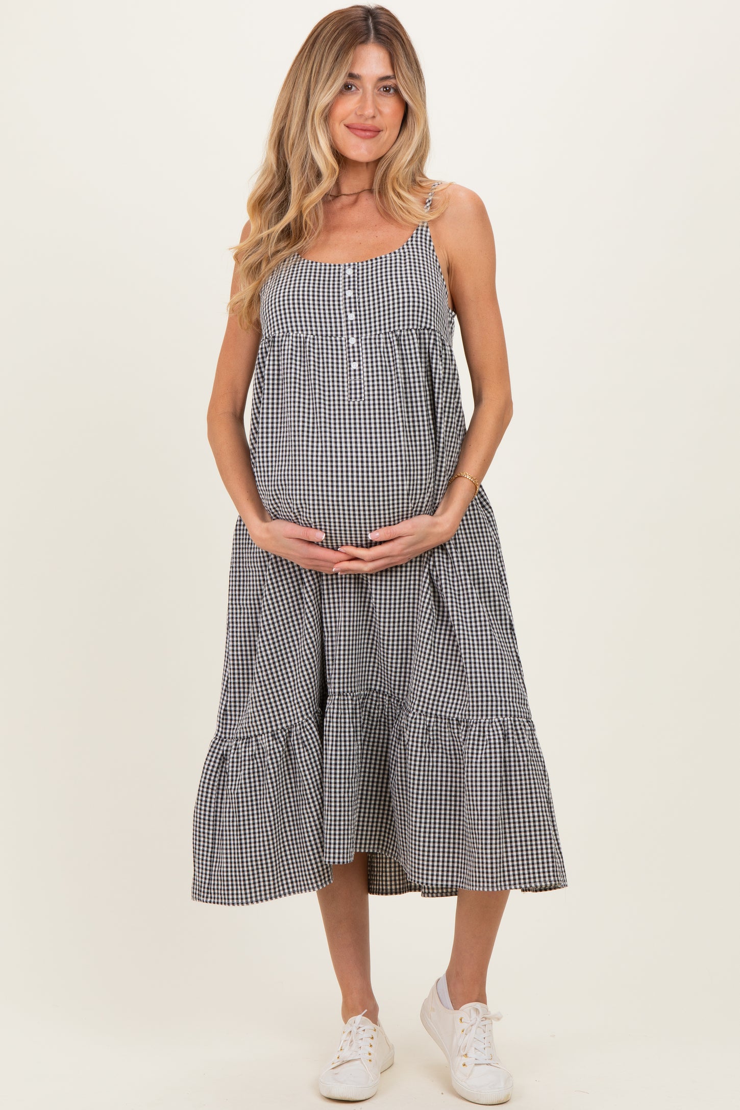 maternity midi dress Black Gingham Sleeveless Maternity Midi Dress