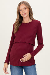 Burgundy Ribbed Ruffle Detail Maternity/Nursing Long Sleeve Top