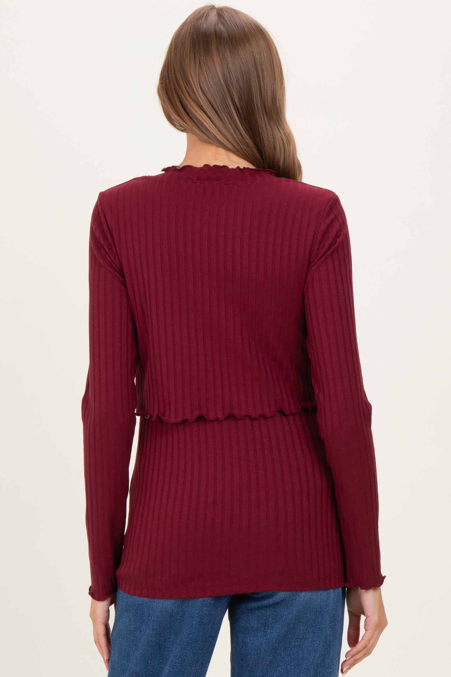 Burgundy Ribbed Ruffle Detail Maternity/Nursing Long Sleeve Top