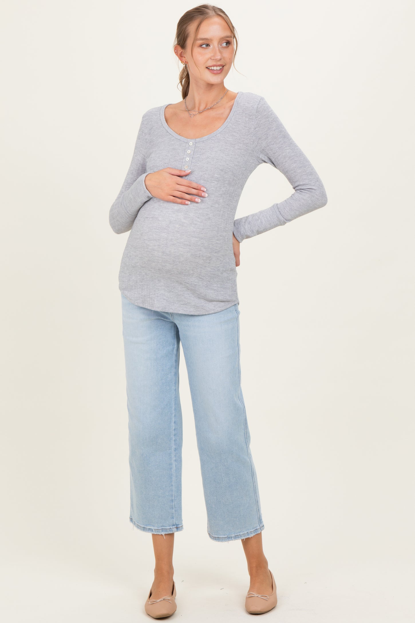 Heather Grey Pointelle Knit Maternity Henley Top