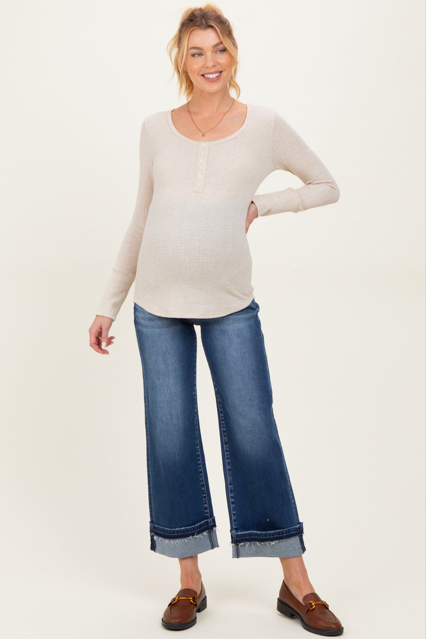 Oatmeal Pointelle Knit Maternity Henley Top