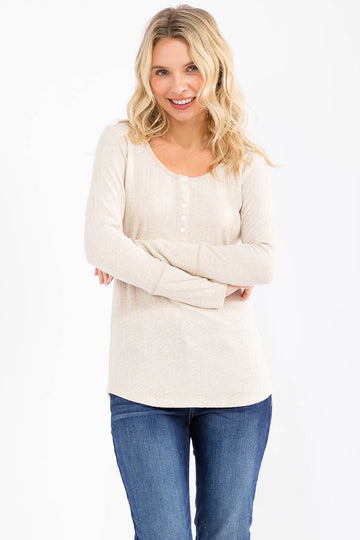 Oatmeal Pointelle Knit Henley Top