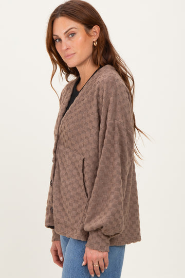 Mocha Checkered Knit Button Front Cardigan