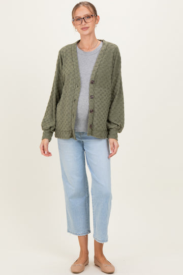 Olive Checkered Knit Button Front Maternity Cardigan