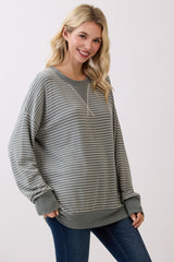 Olive Striped Crew Neck Pullover Top