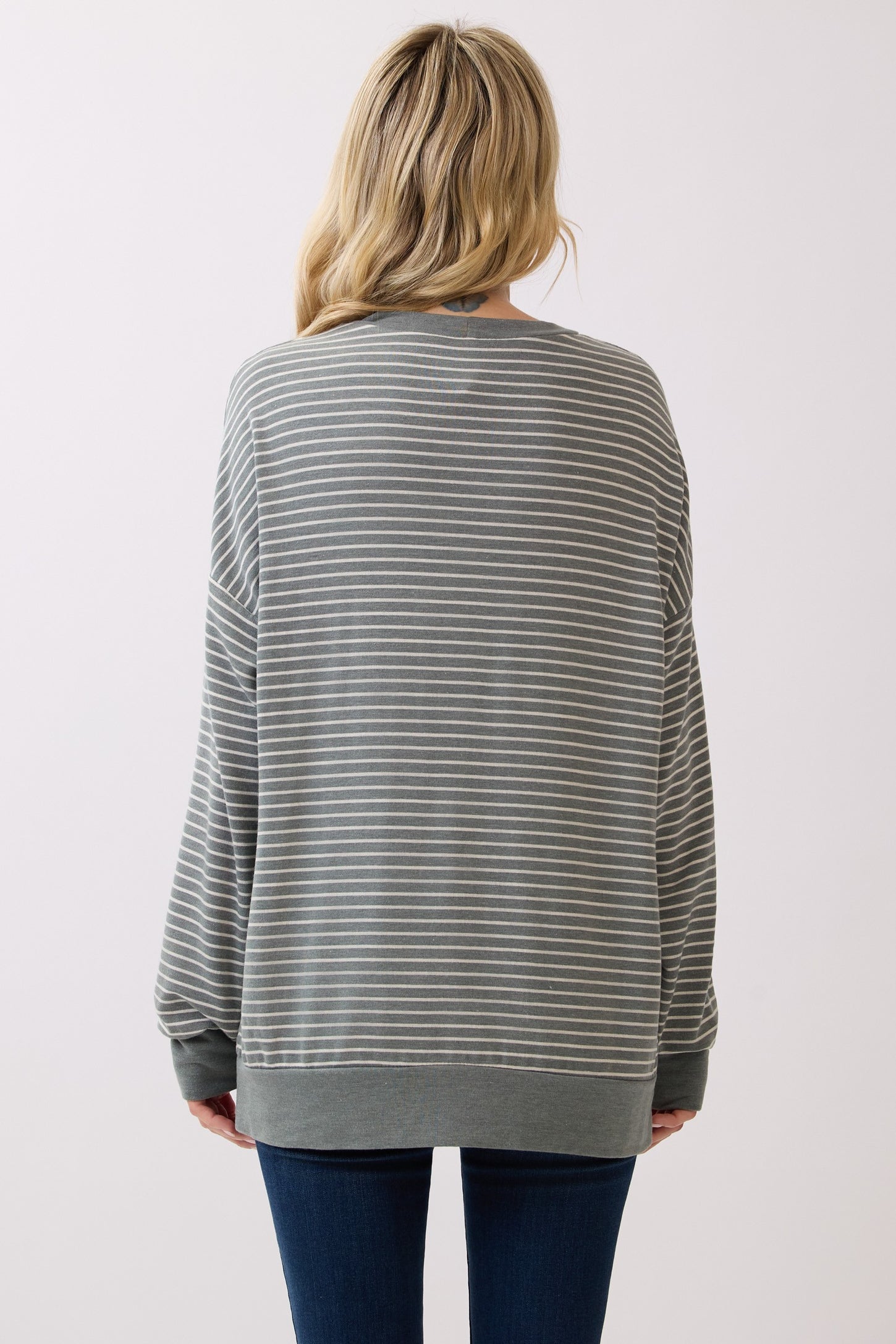Olive Striped Crew Neck Pullover Top