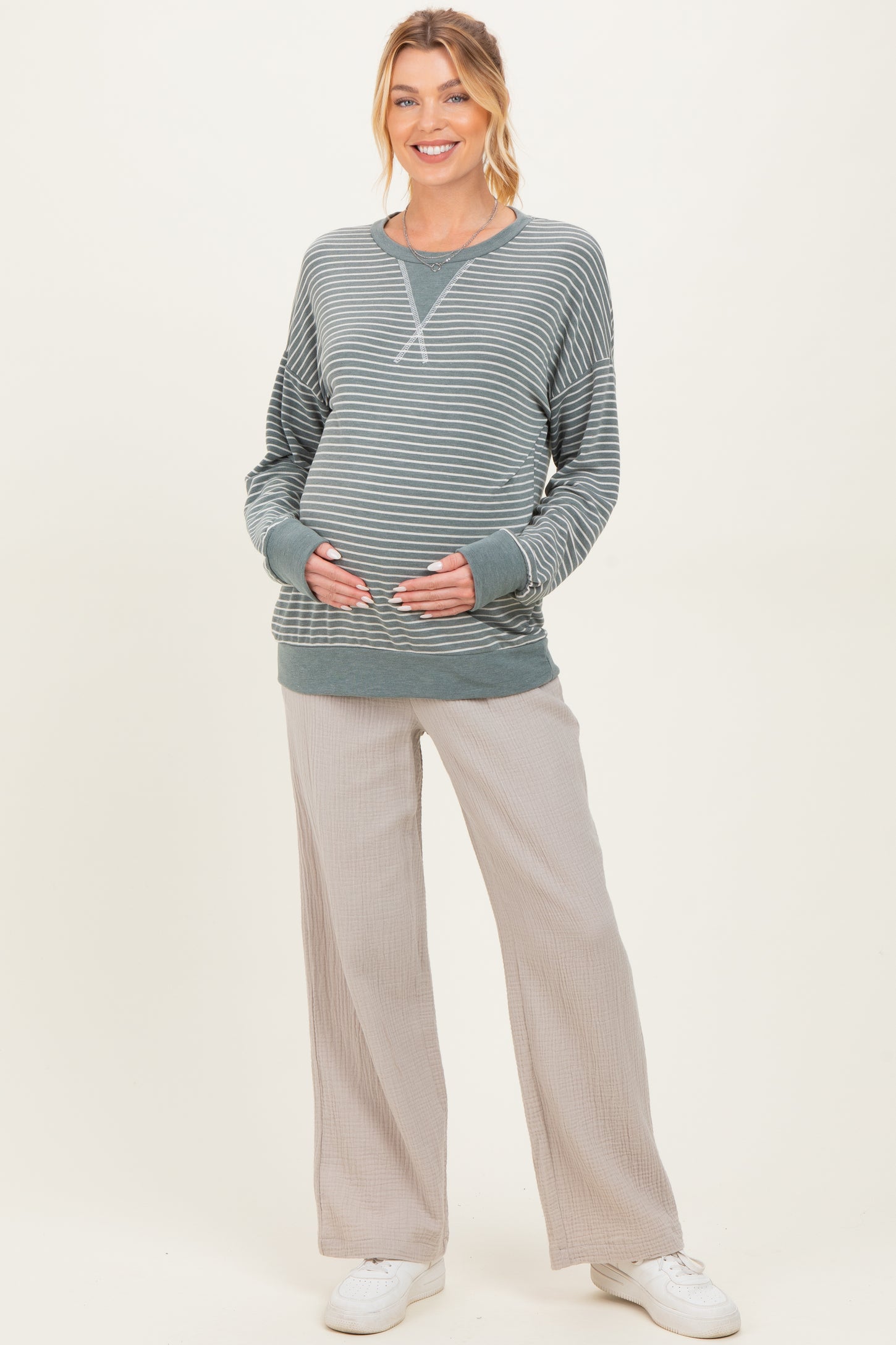 Olive Striped Crew Neck Pullover Maternity Top