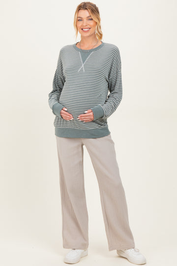 Olive Striped Crew Neck Pullover Maternity Top