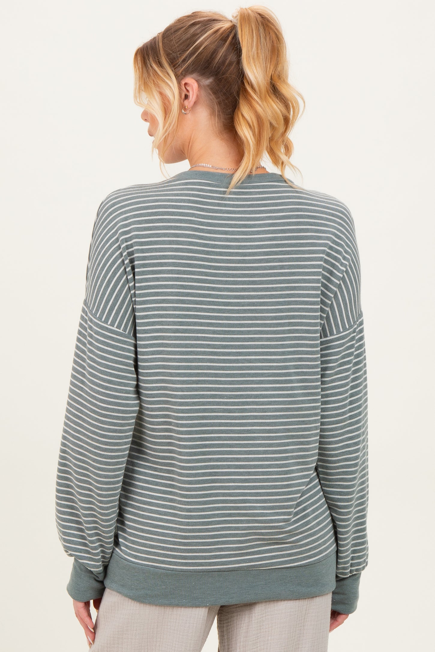Olive Striped Crew Neck Pullover Maternity Top