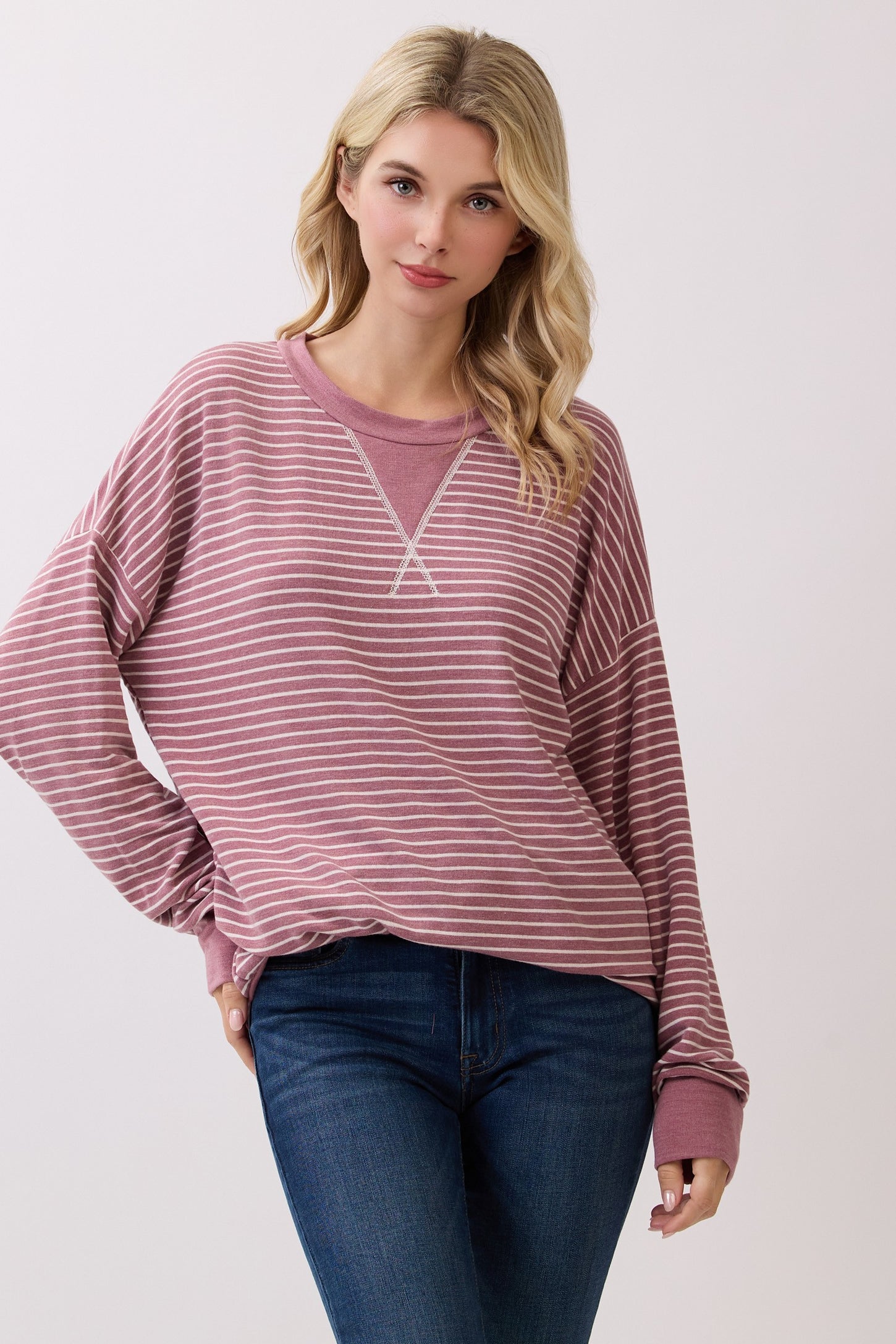 Mauve Striped Crew Neck Pullover Maternity Top