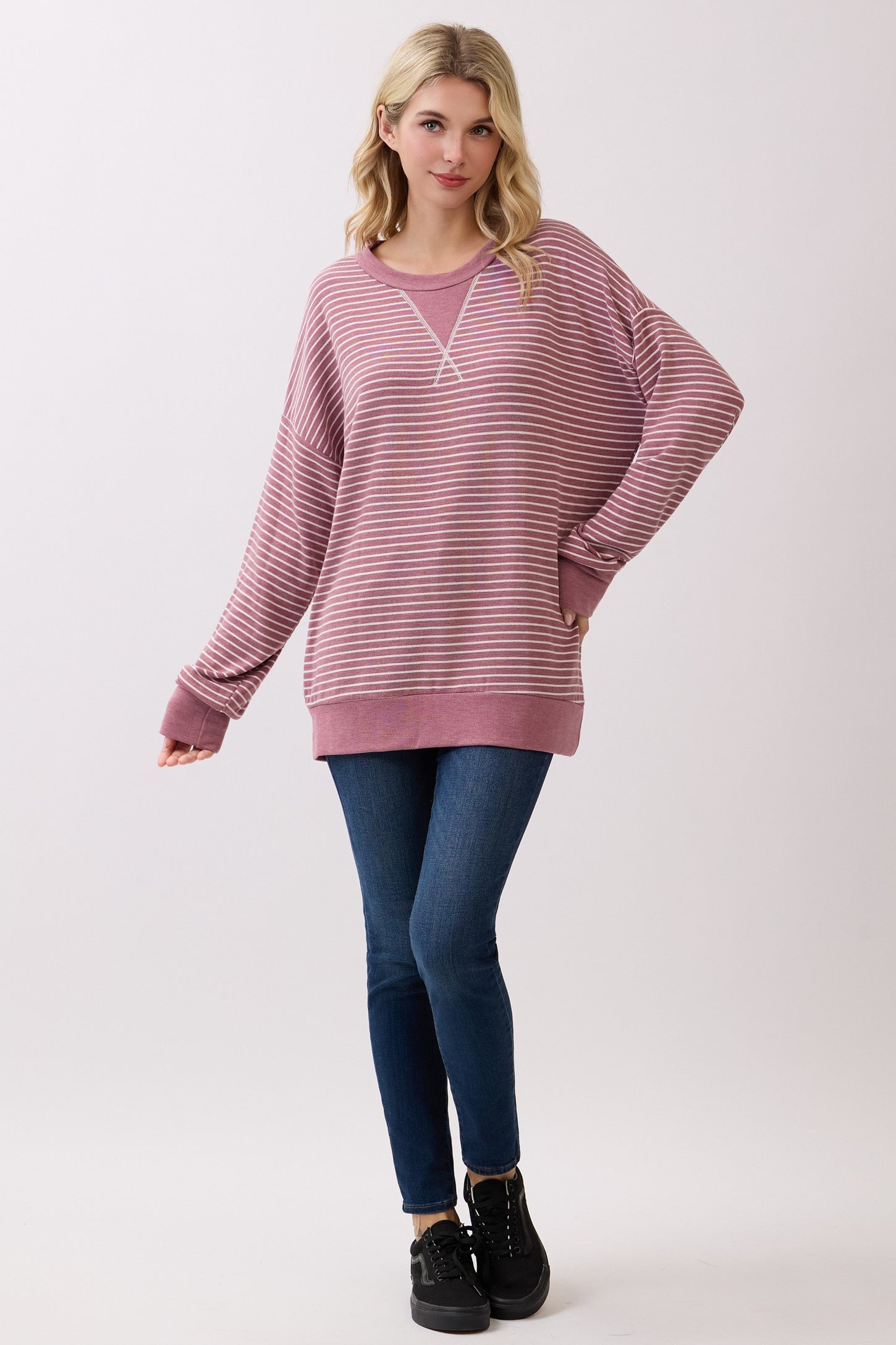 Mauve Striped Crew Neck Pullover Top