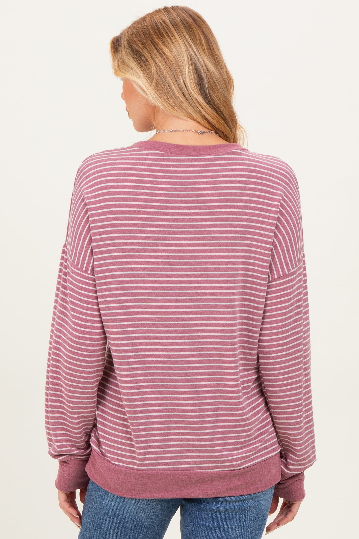 Mauve Striped Crew Neck Pullover Maternity Top