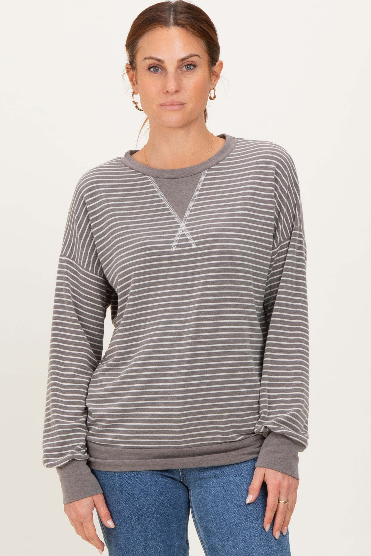 Taupe Striped Crew Neck Pullover Maternity Top