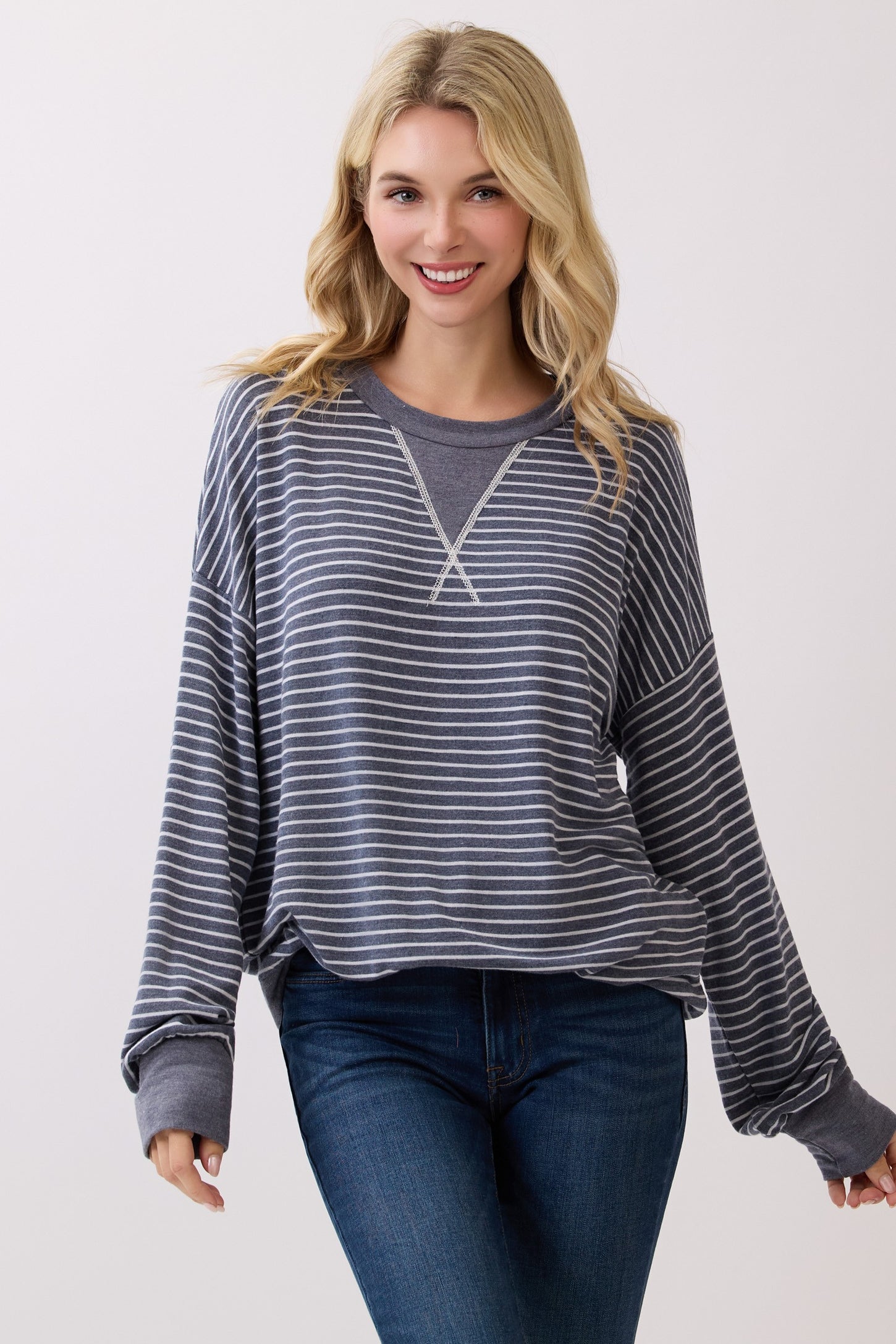 Navy Striped Crew Neck Pullover Maternity Top