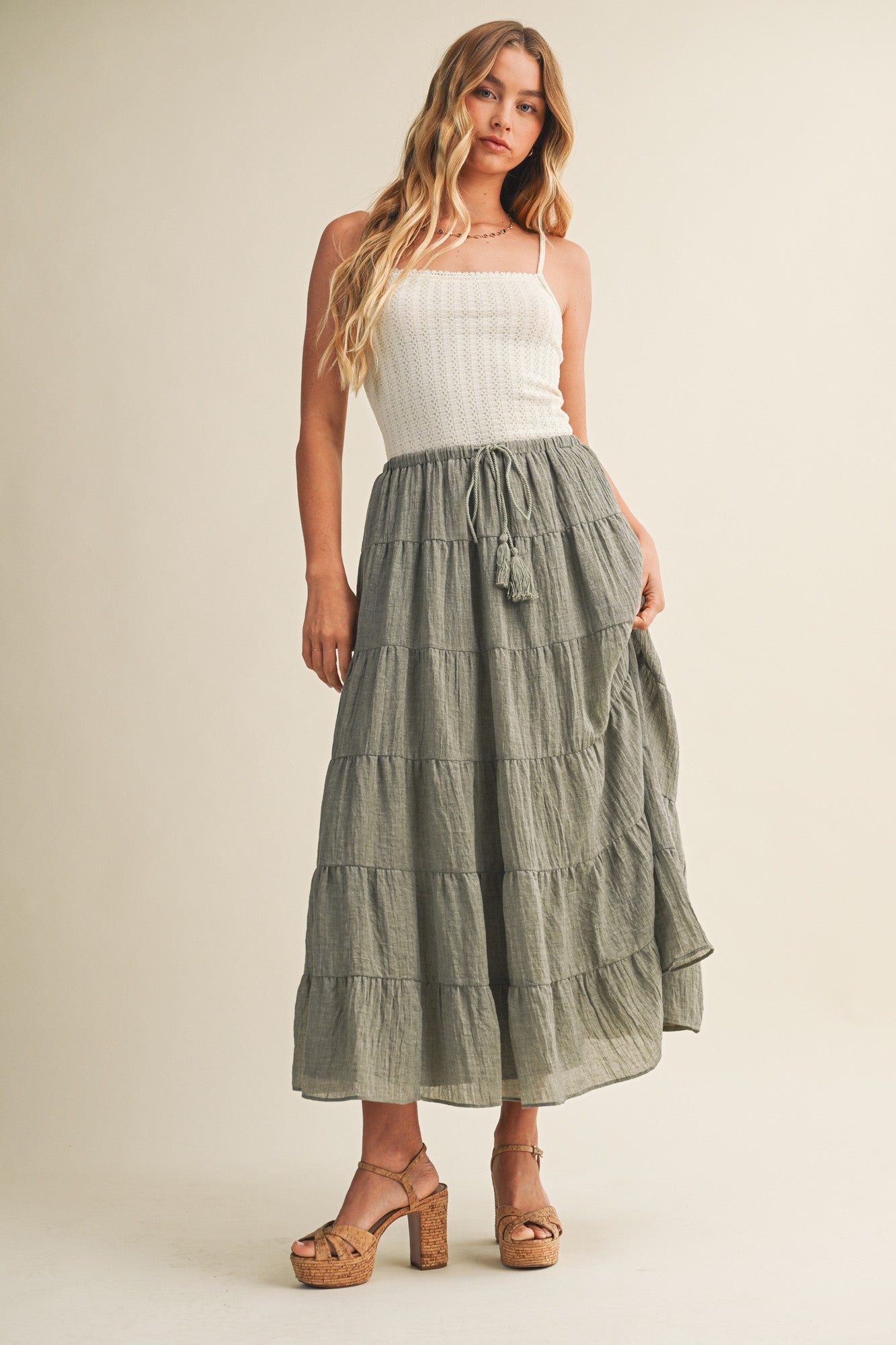 Light Olive Tiered Drawstring Maxi Skirt