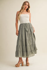 Light Olive Tiered Drawstring Maxi Skirt