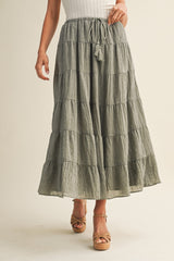 Light Olive Tiered Drawstring Maxi Skirt