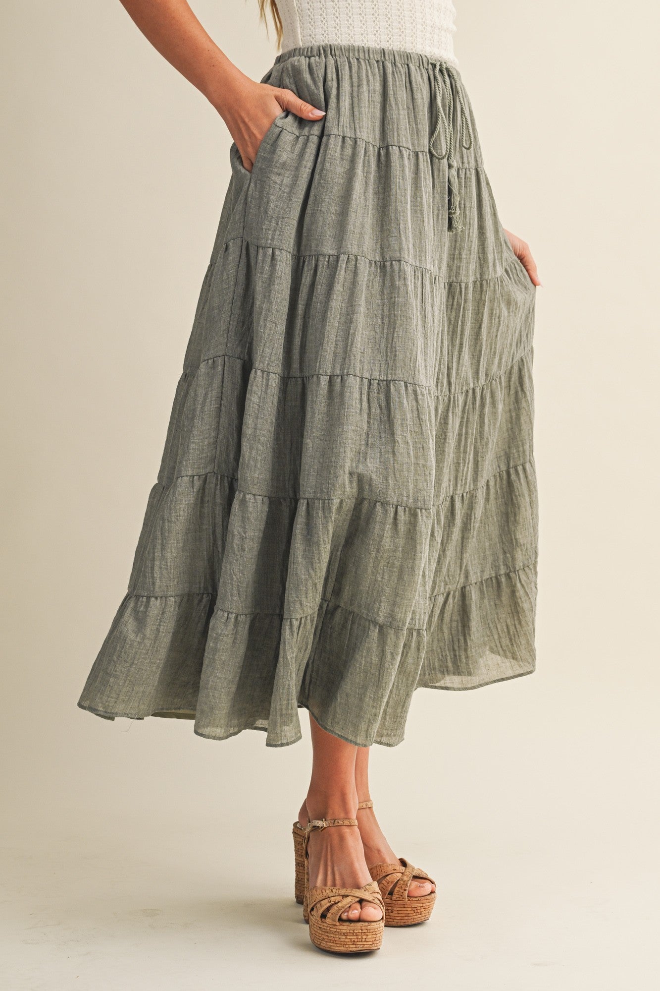 Light Olive Tiered Drawstring Maxi Skirt