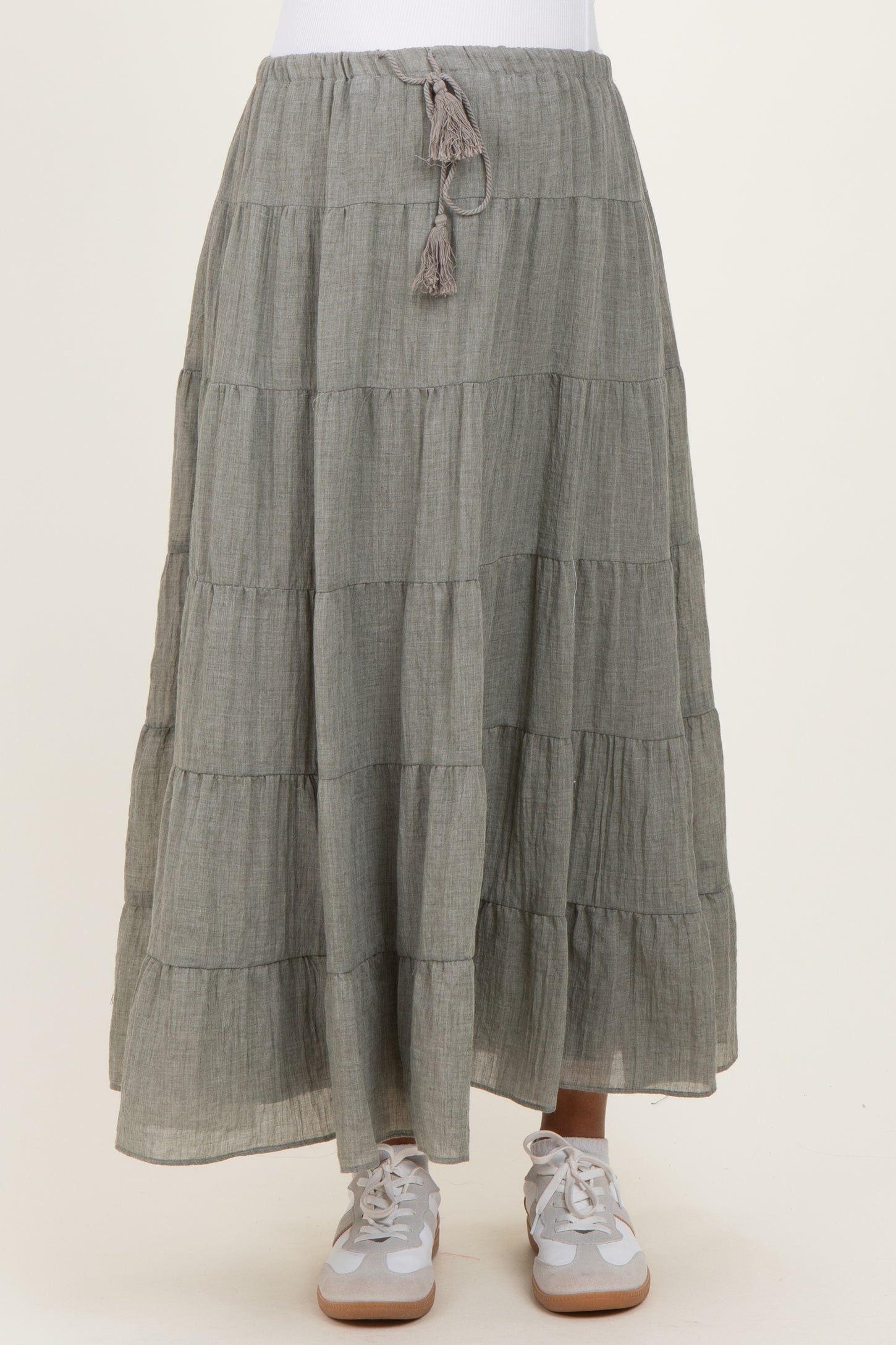 Light Olive Tiered Drawstring Maternity Maxi Skirt