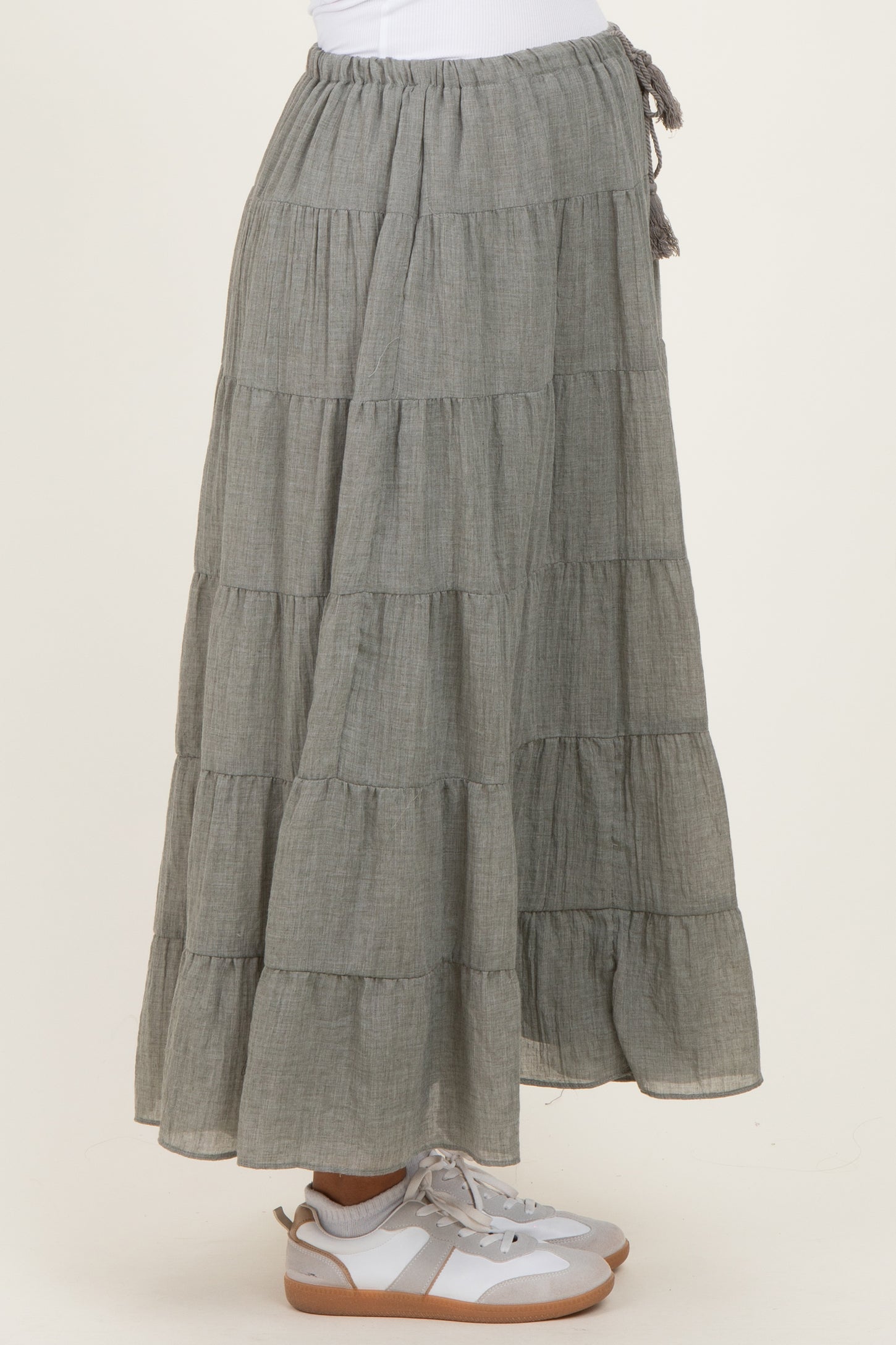 Light Olive Tiered Drawstring Maternity Maxi Skirt