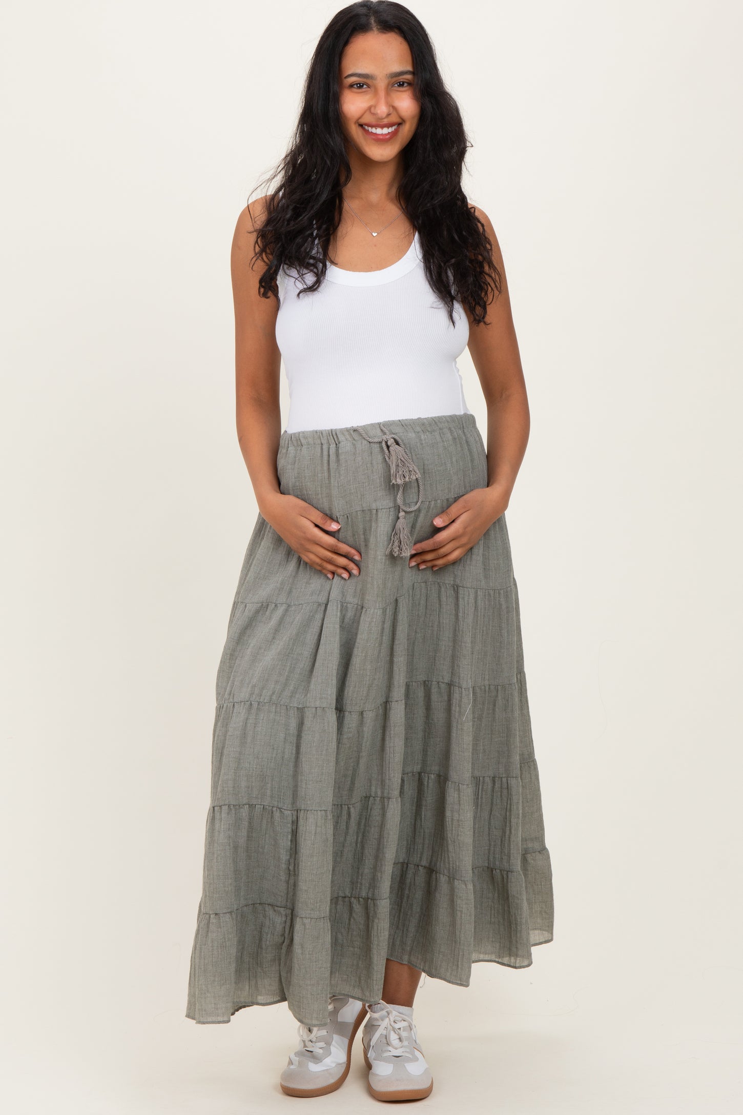 Light Olive Tiered Drawstring Maternity Maxi Skirt