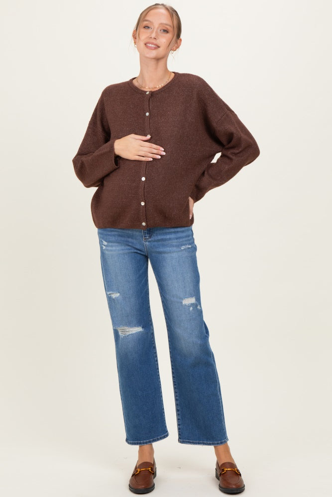 Brown Classic Crew Neck Maternity Button Cardigan